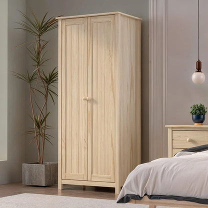 Solid Wood Armoire – 2-Door Wardrobe Cabinet with Adjustable Shelves, Tall Bedroom Storage Closet, Unfinished
