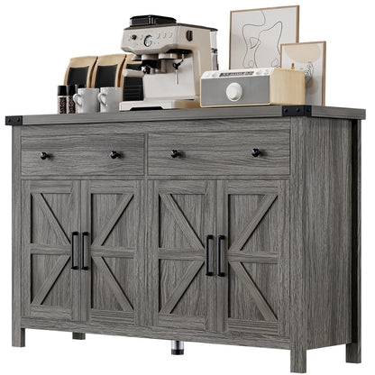 Buffet Cabinet with Storage Farmhouse with 4 Doors and 2 Drawers, 55'' Large Kitchen Storage  Blue Wood