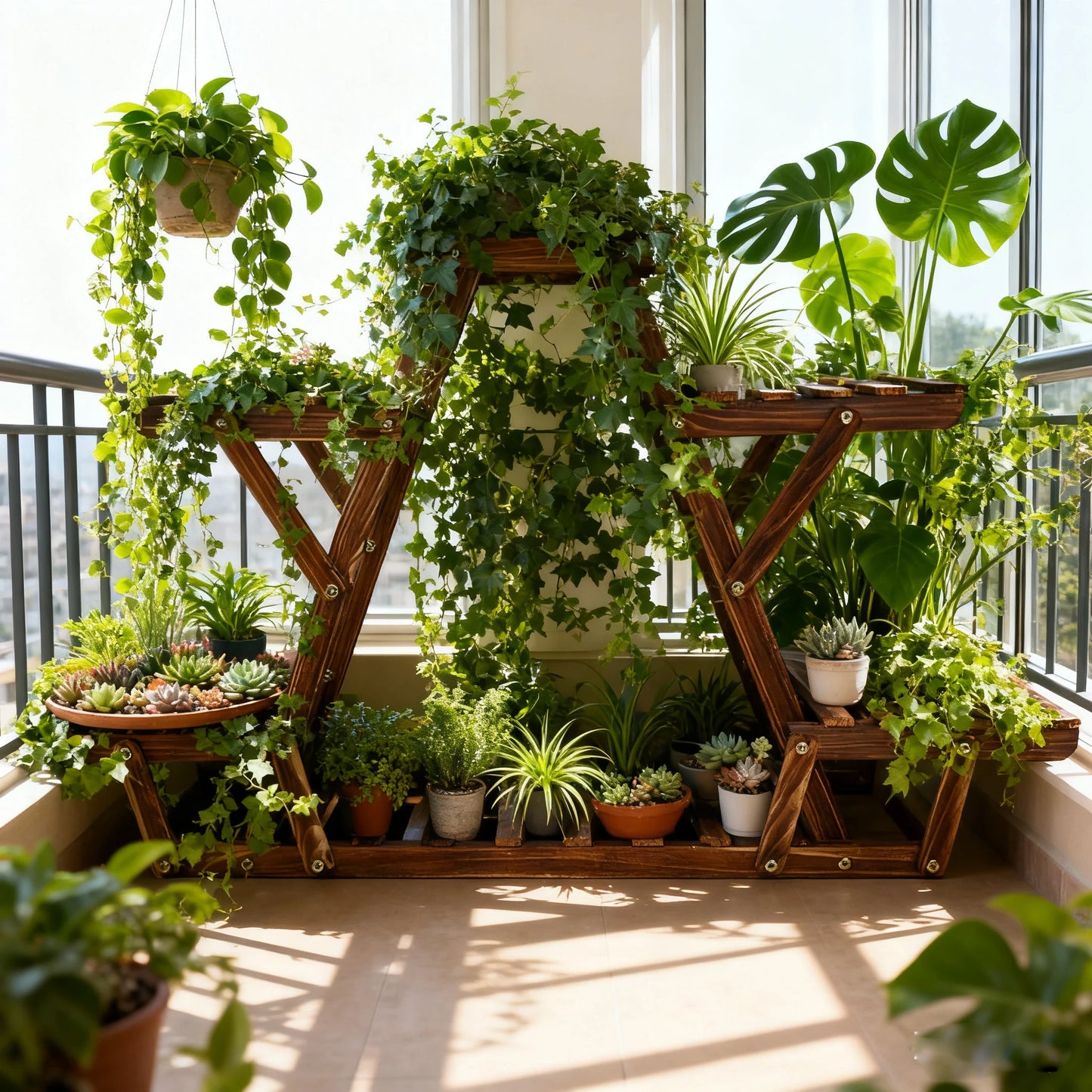 Carbonized Triangle 6 Tiered Corner Wood Plant Stand  Indoor Outdoor