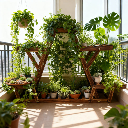 Carbonized Triangle 6 Tiered Corner Wood Plant Stand  Indoor Outdoor