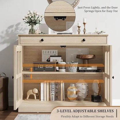 35.4" Oak Sideboard Buffet Cabinet with Glass Door & Drawer  Storage Buffets & Sideboards for Kitchen