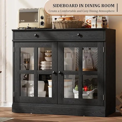 35.4" Oak Sideboard Buffet Cabinet with Glass Door & Drawer  Storage Buffets & Sideboards for Kitchen
