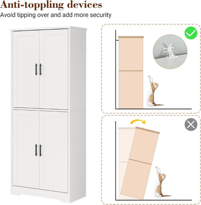 70 Inch Tall Kitchen Pantry Cabinet, Freestanding Storage Cabinet with 4 Doors and Adjustable Shelves,