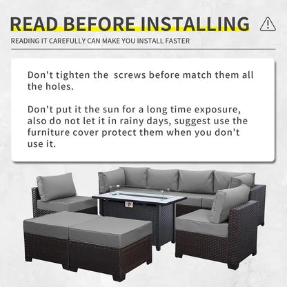 9-Piece Outdoor Wicker Rattan Patio Furniture Set with Grey Cushions and 45 Gas Fire Pit Table