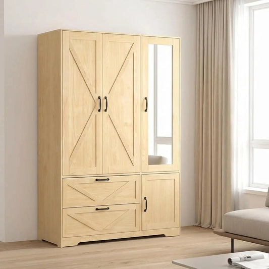 3 Door Armoire Wardrobe Closet with 2 Drawers, Hanging Rod & Lights,,
