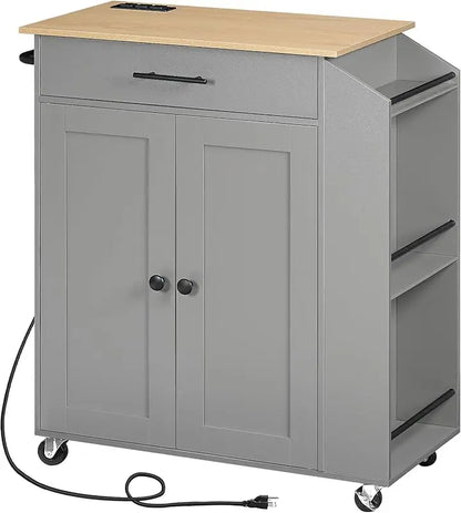 Rolling Kitchen Island with Power Outlet Spice Rack & Drawer Natural & White
