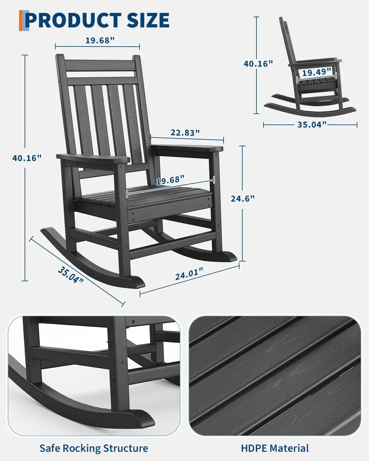 Outdoor Rocking Chair, All-Weather  Patio Rocking Chairs for Adults, 380lbs Weight Capacity, for Porch