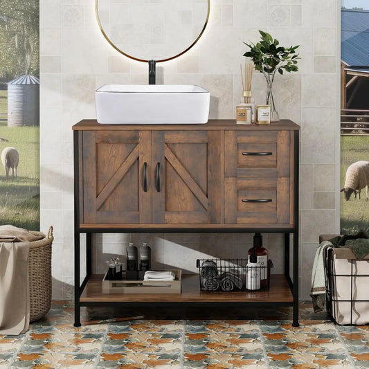 36 Rustic Farmhouse Bathroom Vanity with White Ceramic Vessel Sink