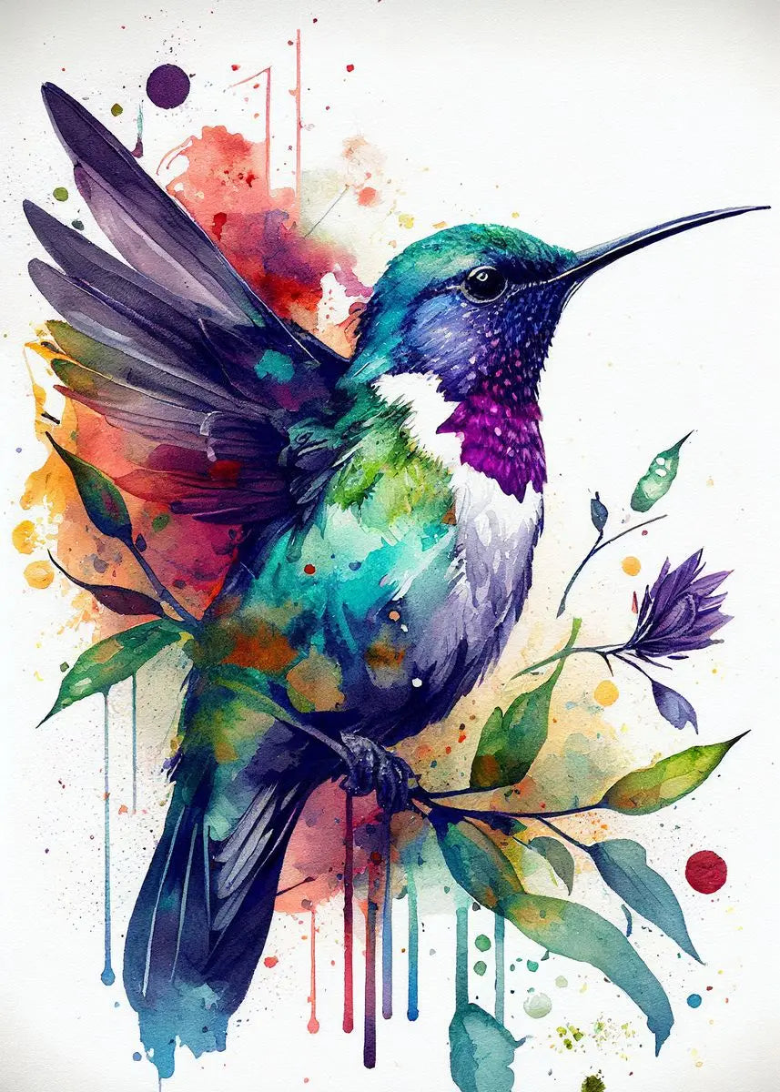 Watercolor Hummingbird Flower Wall Art
