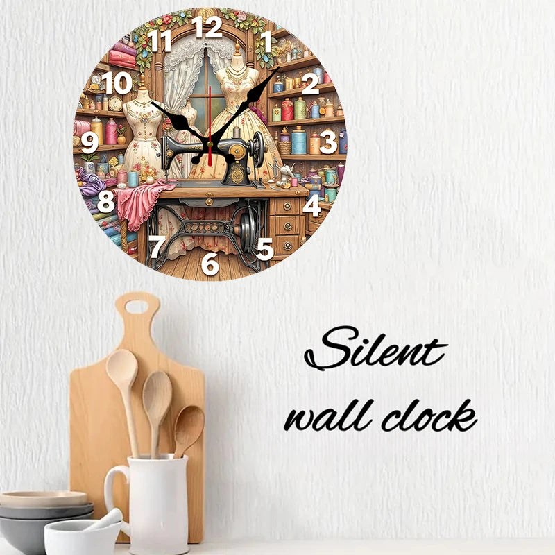 Vintage Sewing Machine Wooden Round Silent Hanging Wall