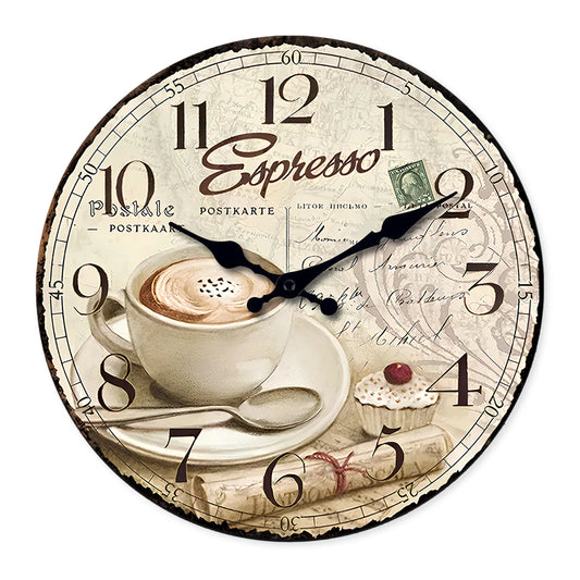European Retro Coffee Cup Pattern Wooden Wall Clock for Kitchen, Home Decoration, Silent Quartz Clock,