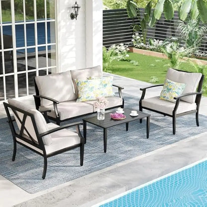 4-Piece Patio Furniture Set, Wider Outdoor Metal Seating Sofa with High Back & Loveseat, Coffee Table