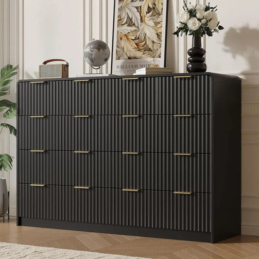 10-Drawer Wide Chest with Metal Handle for Bedroom in Black