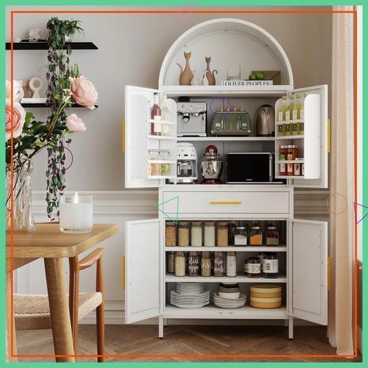 73" White Arched Pantry Cabinet with Drawer, Adjustable Shelves for Kitchen Living Room Storage