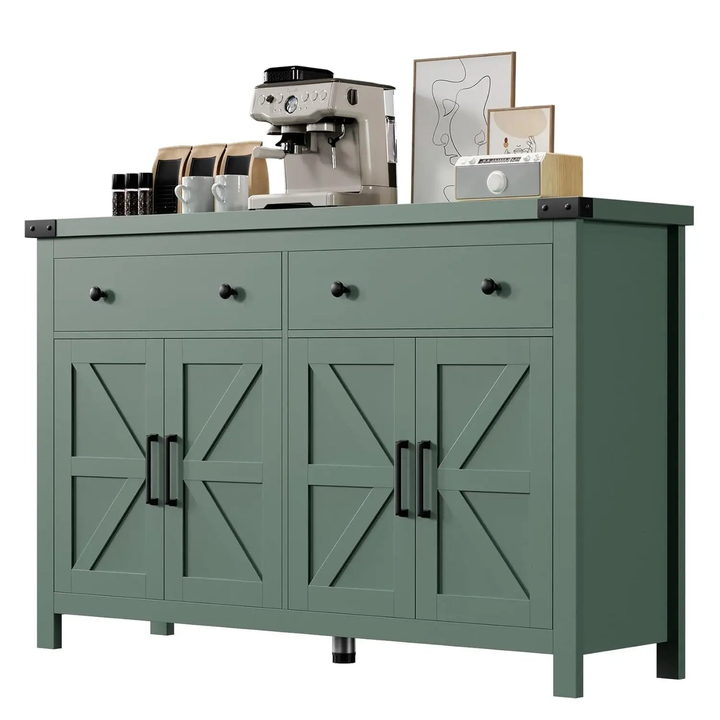 Buffet Cabinet with Storage Farmhouse with 4 Doors and 2 Drawers, 55'' Large Kitchen Storage  Blue Wood