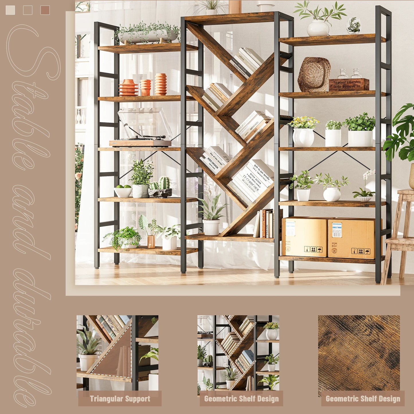 Triple 5 Tier Bookshelf, Large Wooden Bookcase with 17 Open Display Shelves Metal Frame