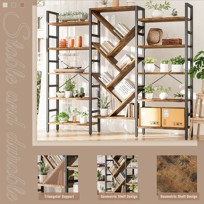 Triple 5 Tier Bookshelf, Large Wooden Bookcase with 17 Open Display Shelves Metal Frame