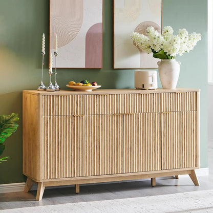 Fluted Buffet Sideboard Cabinet With Storages, Coffee ,Wine Bar Storage Cabinet With 3 Drawers