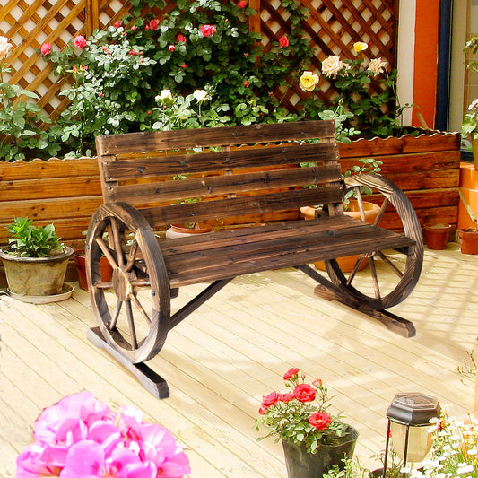 Outdoor Rustic Fir Wood Bench with Wagon Wheel Armrests Weather Resistant 550 Lbs Capacity 2 Seater