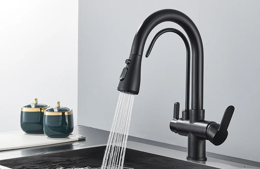 Quyanre Matte Black Filtered Crane For Kitchen Pull Out Spray 360 Rotation Water Sink Mixer Kitchen Faucet