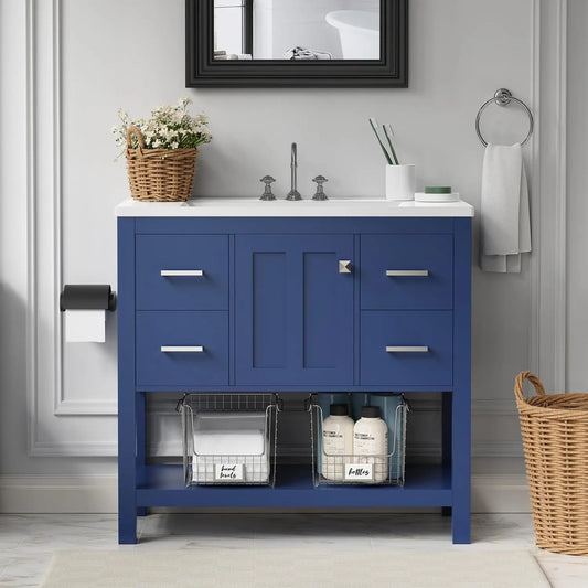 36'' Single Sink Vanity Solid Wood Frame 2 Outlets USB-C Port 4 Drawers Open Shelf 3 colors Blue, Gray, & White