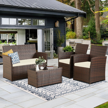 4 Piece Patio Furniture Set, , Rattan Sectional Sofa Couch with Coffee Table & Seat Cushions for