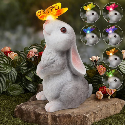 Solar Bunny Statue Garden Decor with Butterfly LED Light Resin Animal Figurine for Garden Courtyard
