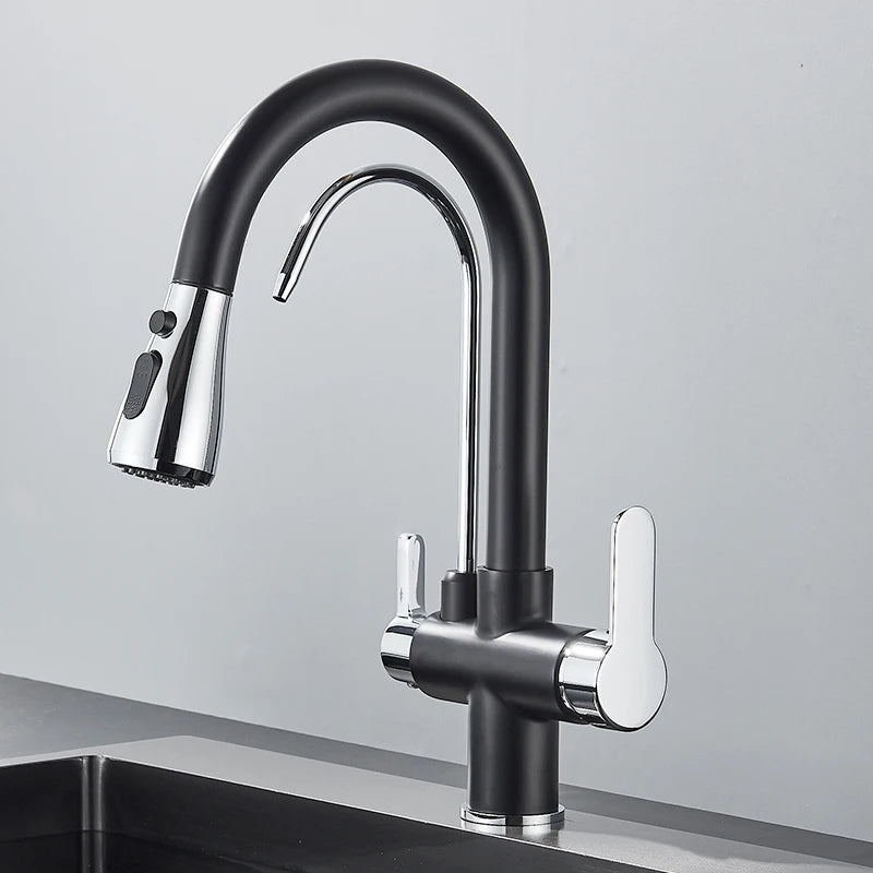 Quyanre Matte Black Filtered Crane For Kitchen Pull Out Spray 360 Rotation Water Sink Mixer Kitchen Faucet