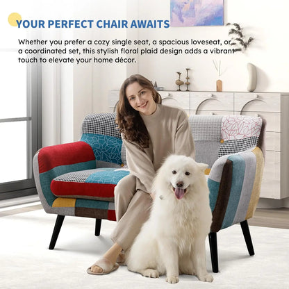 Modern Boho Loveseat Couch for Living Room Bedroom, Upholstered Colorful Plaid Fabric