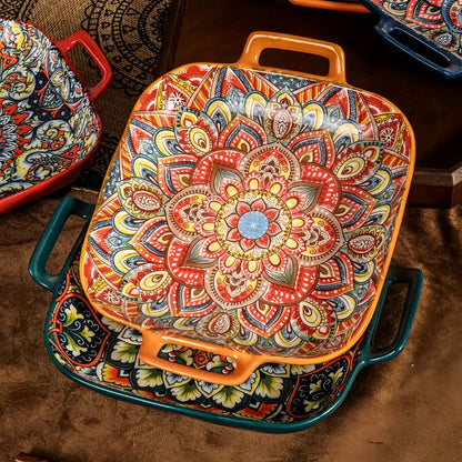 Bohemian double ear square ceramic plate