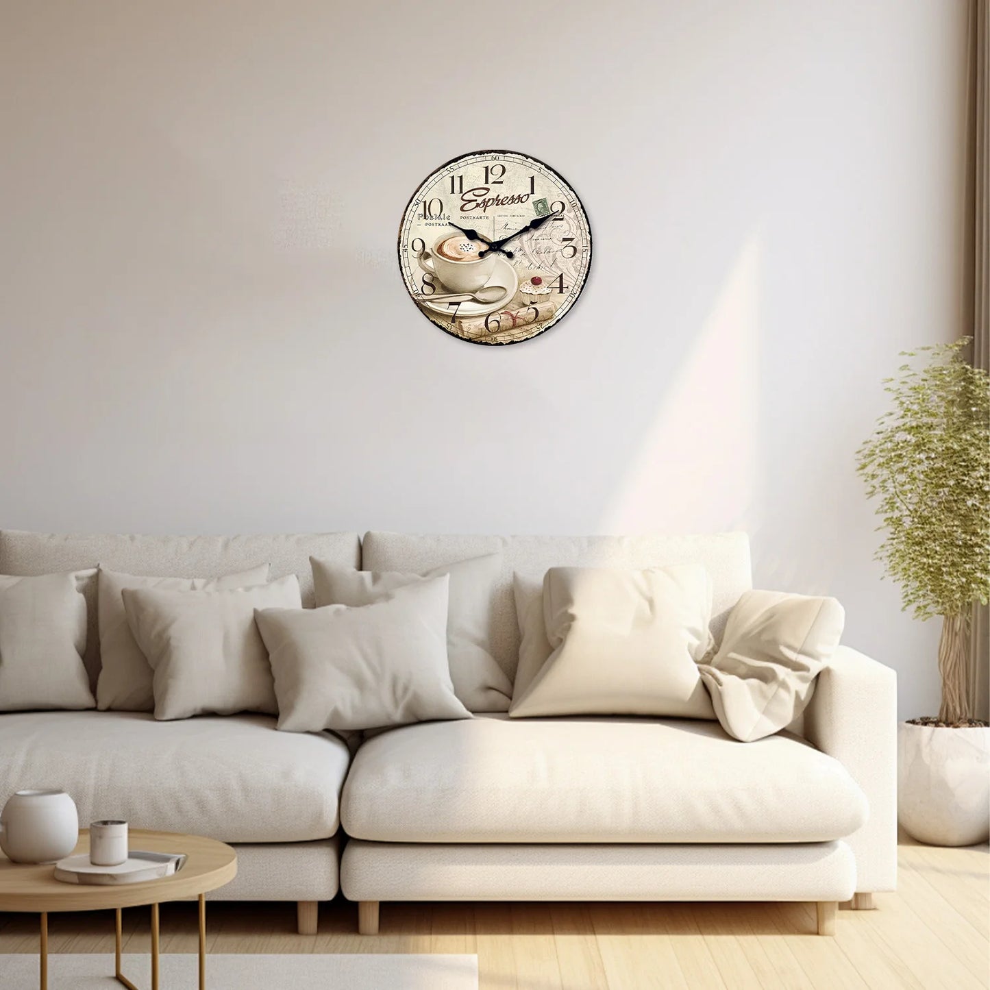 European Retro Coffee Cup Pattern Wooden Wall Clock for Kitchen, Home Decoration, Silent Quartz Clock,