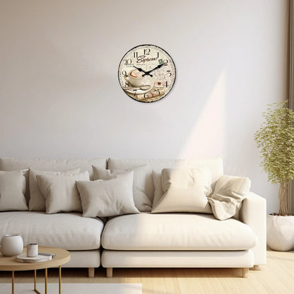 European Retro Coffee Cup Pattern Wooden Wall Clock for Kitchen, Home Decoration, Silent Quartz Clock,