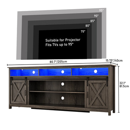 TV Stand Farmhouse Coffee Bar Cabinet Rustic Sliding Barn Door Cabinet with Power Outlet & LED Light