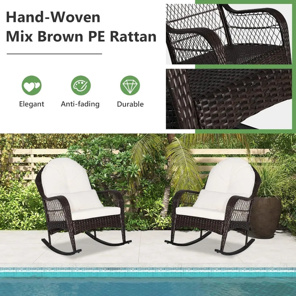 Patio Wicker Rocking Chair, Outdoor Rocker with Seat and Back Cushion, Waist Pillow, Armrests, Garden Chair