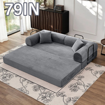 79" Convertible Sofa Bed with Fixed-Shape Frame & Removable Armrests, Modular Corduroy