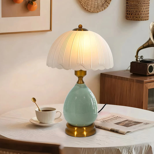 16" Vintage Ceramic Table Lamp Green Bedside Lamp with 3-Color Dimmable LED