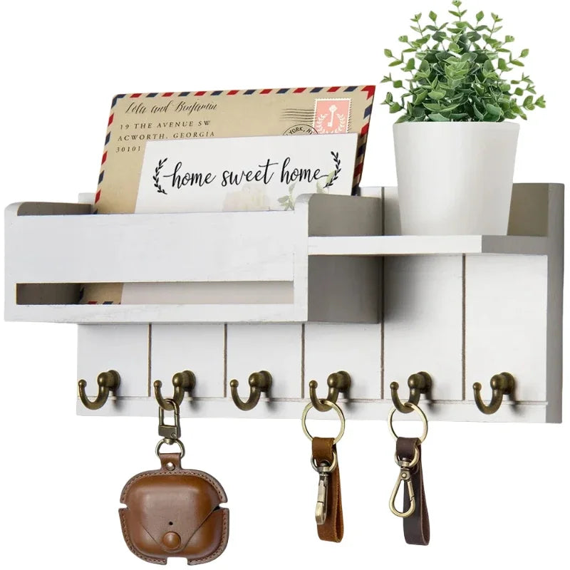 Rustic Wood Key Holder with Shelf Wall Mounted Decorative Key Rack  6 Key Hooks