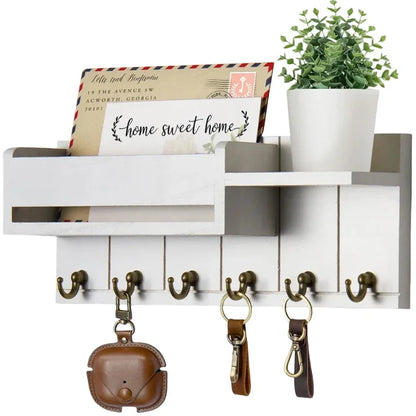 Rustic Wood Key Holder with Shelf Wall Mounted Decorative Key Rack  6 Key Hooks