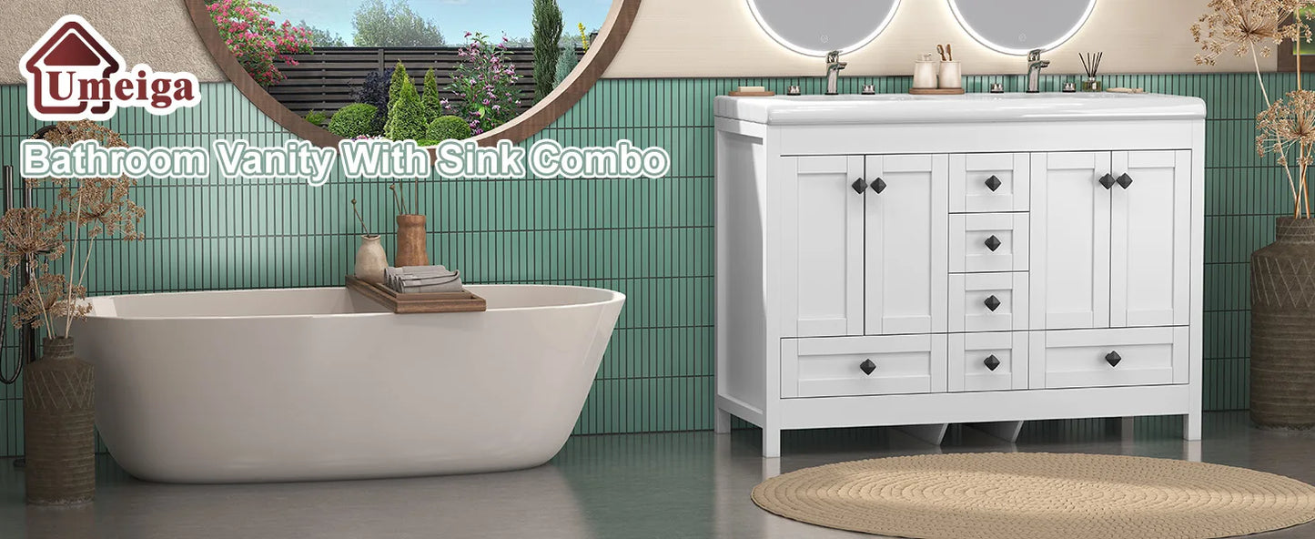 47'' Double-Sink Freestanding Vanity with Drawers & Cabinet White Modern Bathroom Storage Vanity 2 colors White & Black