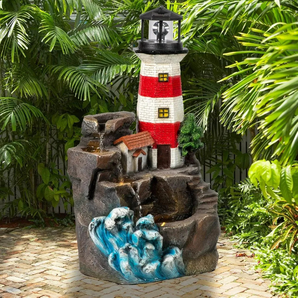 23" H Lighthouse Outdoor Water Fountain, Freestanding  with Rotating Led Light, 4-Tier Modern Water Feature