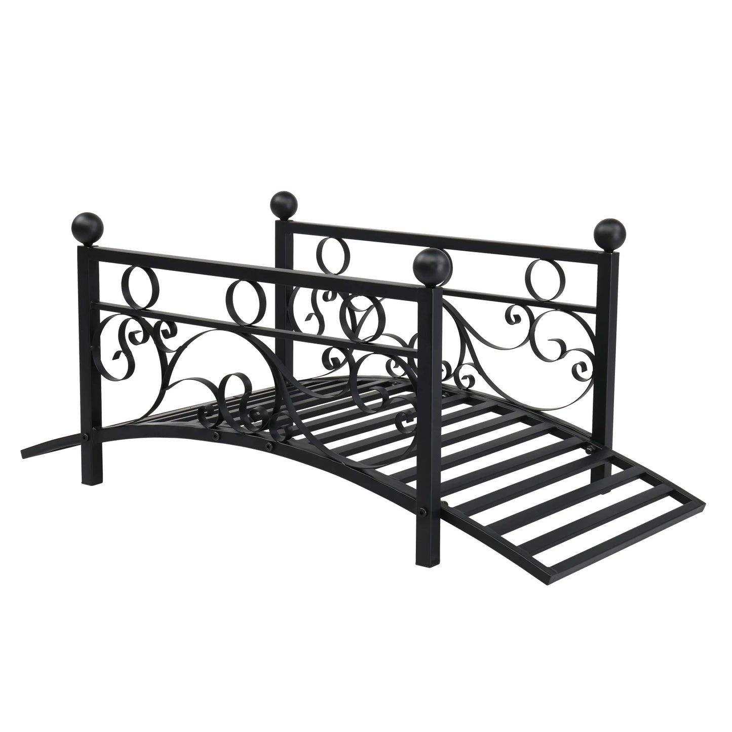 Garden iron bridge, with round iron ball flat-top handrails, black