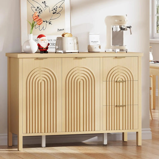 Sideboard Buffet Cabinet with Storage - Accent  Cabinets with Drawers & Doors, Fluted Kitchen Credenza