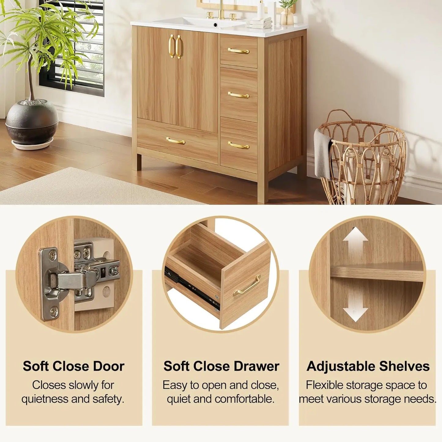 36in Wood Bathroom Vanity with Sink 3 Drawer Storage Adjustable Shelf Natural, Customized,  6 different colors