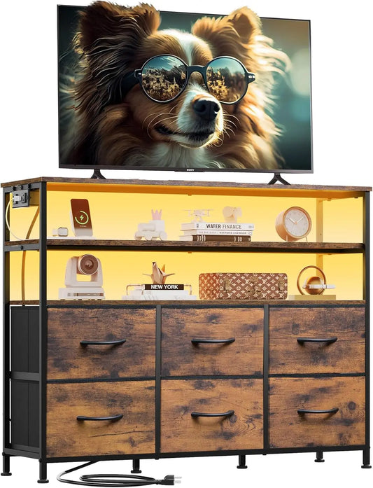TV Stand for 40-45 Inch TVs with LED Lights, Charging Station,, Rustic Brown Entertainment Center