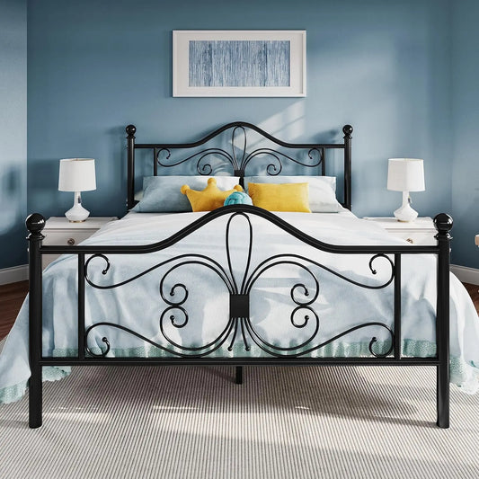 Full Size Metal Bed Frame with Butterfly Headboard, No Box Spring Needed, Easy Assembly in Black