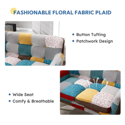 Modern Boho Loveseat Couch for Living Room Bedroom, Upholstered Colorful Plaid Fabric