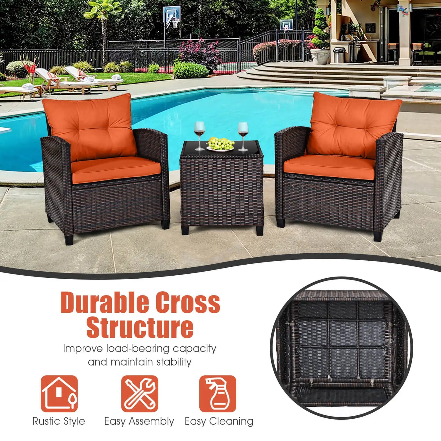 3 PCS Patio Rattan Furniture Set Cushioned  Sofa Orange