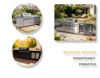 Modern Modular Functional Stainless Steel Outdoor Kitchen Grill Cooktop Sink Fridge LED For Backyard Patio Garden