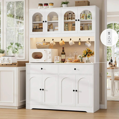 71" LED Kitchen Pantry Cabinet with Power Outlet, with Arched Door & Shelves