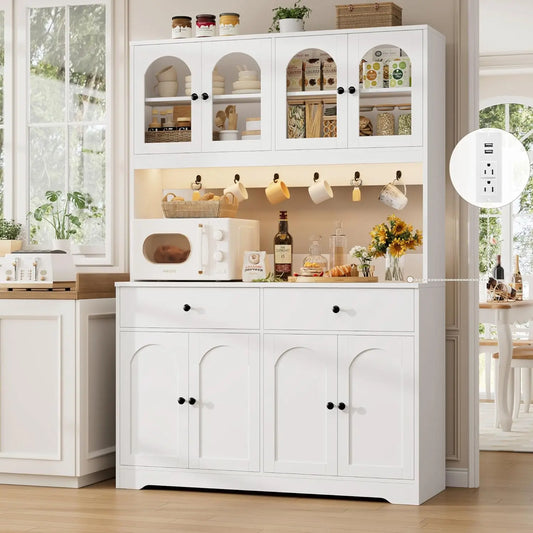 71" LED Kitchen Pantry Cabinet with Power Outlet, with Arched Door & Shelves